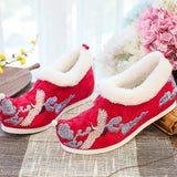 Flat Shoes Warm Winter Embroidered Chinese Ethnic Style Plus Velvet Female Cotton Shoes Pointed Toe 2021 Ladies
