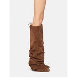 Breakj New Square Head With Super High Heel Pleated Fashion Show And Knee Boots Large Size Women's