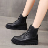 Platform Chunky Chelsea Boots Women Autumn Winter PU Leather Woman Shoes Lace Up Combat Botas Thick Heels Ankle