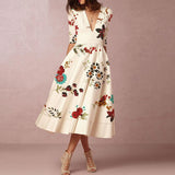 Slim Elegant Pleated Half Sleeve Pullover Party Dress Women Casual V-neck Maxi Dresses Temperament Ladies Floral Printed