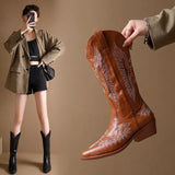 Women Pleated High Heels Western Cowboy Boots Autumn Winter Pointed Toe Pu Leather Long Boot Woman Black Knight Botas