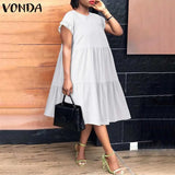 Summer Dress Plus Size Women VONDA 2022 Bohemian Sundress Casual Crew Neck Loose Cotton Ruffled Dresses Holiday Party