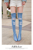 2020 Women Newest Hollow out Pointed Toe Over Knee Blue Denim Lace-up Gladiator Boots Long High Heel Jean Boots