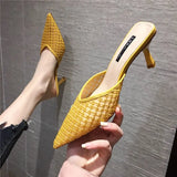 Slippers Women New Summer Shoes Women Fashion Knitted Elastic Pointed Slides Spike Heels Beige Mules Shoes High