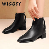 Boots for Women Square Toe Fashion Shoes Short Boots Zipper Square Heels Comfortable Pu Leather Square Heel Lady