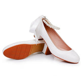 Breakj 3 Cm Square-Head Single Shoe With A Single Shoe Buckle Mary Jane White Shoes Beads Ribbon Wedding