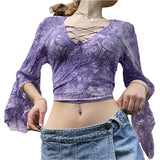 Khaki Vintage Print V Neck Flare Long Sleeve Y2K Tops Cute E Girl Fairy Grunge Aesthetic Graphic T Shirts for