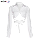 Puss Cut Bandage Short T-Shirts Women Ruched Irregular Backless Tops Long Sleeve Streetwear Summer Casual Wild