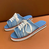 Canvas Flat Slipper 2020 Woman Lace Up Ladies Peep Toe New Women's Casual Female Fashion Denim Beach Shoes Plus Size