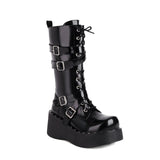 Womens Wedge Platform Mid-Calf Boots Chunky High Heel Side Zip Lace Up Motorcycle Riding Boots Combat Boots For Girls