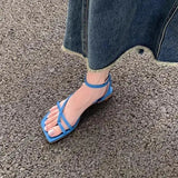 New Holiday Style Korean Square Head Cross Strap Roman Sandals Toe Blue Flat