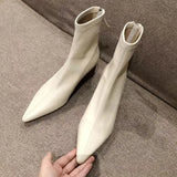 Net Red Slim Boots Women's Thick Heel Solid Pointed Head Autumn and Winter Zipper Versatile Leather Nude Boots