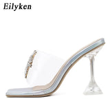 PVC Transparent Crystal Sun Flowers Buckle Womens Slippers Summer Square Toe Ladies Strange High Heels Sandals