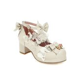 Lolita Shoes Women High Heels Pendant Lace Straps Bow Cute Girls Princess Tea Party Pumps Students Lovely Plus Size