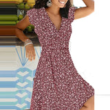 Summer 2021 New Casual Floral Print V Neck Pullover A-line Dress Fashion Short Sleeves Elegant Office Lady Party