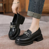 Breakj Women's Platform Casual Shoes British Style Pedal Retro Comfortable Single Shoes Flower Thick Heel Black Leather