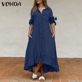 Women Shirt Dress 2022 VONDA Casual Solid Color 3/4 Sleeve Party Long Maxi Dresses Asymmetric Hem Ruffled Vestido Beach