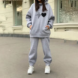 Tracksuit Set Hoodie Oversize Heart Print Woman Casual Two Piece Sets Pants And Sweatshirt 2021 Winter Autumn