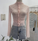 Real Shooting 2024 New Hot Diamond Half-High Collar Perspective Thin-Bottomed Shirt Mesh Top Beautiful Chic Shirt