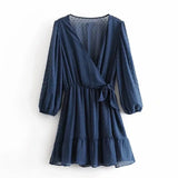 2021 Summer Women Ruffles Lace Chiffon Dress Boho Mini Beach Dress Three Quarter Sleeve Ladies Party Dresses