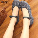 Embroidered Women Low Block Heel Canvas Pumps Ankle Strap Elegant Ladies Comfort Chinese Cheongsam Cotton Shoes