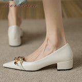 Genuine Leather Women Shoes Chain Thick Heels Pumps Pointed Toe Med Heel Ladies Footwear 2022 Spring Beige Apricot