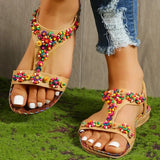 Beaded Flowers Flat Heeled Sandals Women Summer 2023 Plus Size Open Toe Bohemian Sandals Woman Elastic Strap Rome