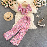 Summer Women Holiday Style Chiffon Printing Two Piece Set Short Shirt High Waist Wide Leg Pants Ladies Idyllic Style