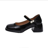 Retro Square-Headed Small Leather Shoes 2023 Spring And Summer New Pearl Buckle Single Shoes Fashion High-Heeled