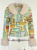 Y2K Print Knit Cardigans Women Long Sleeve Furry Korean Fashion Winter Slim Cotton Streetwear Vintage Button