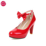 Fashion Women Ankle Strap Spike High Heels Bow Platform Round Toe Pumps Glossy Patent Leather Summer Autumn Sweet Lolita