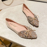 Spring Lace Bowknot Flats Women Glitter Crystal&Beads Ballets Shoes Ladies Pointed Toe Loafers Dress Slip On Moccasins