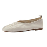 Cowhide Spring Walk Shoes Slip On Woman Flats Pregant Round Toe Pleated Loafers Driving Daily Work Shoes For All