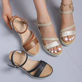 Breakj Size Female Sandals 2023 New Wedge Low Heel Casual Sandals Female One Word Buckle Wedge Roman