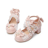 6 Candy Color Princess JK Uniform Cosplay Lolita Shoes String Bead Ruffles Bow Cross Tied Chuncky Heels Pumps Women Purple
