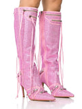 Breakj Pointy Tip With Ultra High Heel Side Open Zipper Rivets Buckle Diamond Large Size And Knee Boots High