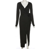 High Split Midi Dresses For Women Deep V Neck Bandage Sexy Autumn Vintage Chic Party Wear Elegant Female Dresses