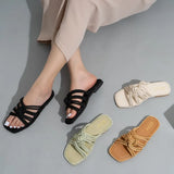 Slippers Personality Hemp Rope Upper Design Flat Sandals Women Casual Solid Color Square Toe Hollow Flat Heel Woman
