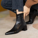 Net Red Slim Boots Women's Thick Heel Solid Pointed Head Autumn and Winter Zipper Versatile Leather Nude Boots