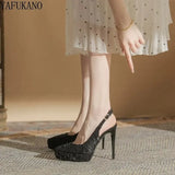 Detail Platform Female Sandals Stiletto Pointed Toe Slingback High Heels Sexy 12cm Party Prom Shoes Small Size 32