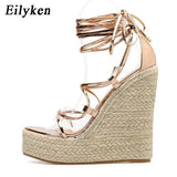 2022 New Champagne Gold Women Sandals Black Lace-up Peep toe Summer Wedges High Heels Large Size 35-42 Elegant