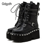 2021 Spring Lace-Up Motorcycle Boots For Women Round Toe Thick Platform High Heels Female Ankle Boots Gothic Style