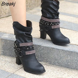 Winter Women's Boots Fashion Put-on High Heel Ankle Boots Pointed Toe Square-Heel Buckle Women's PU Boots Zapatos De