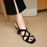 New Cross Hollowed Out Square Toe Sandals With Summer Black Heels Women's