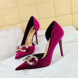 Breakj Banquet High Heels Fine Heel Shallow Mouth Tip Side Hollow Out And Thick Suede Water Diamond Button Bow Single
