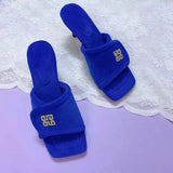 Slippers 2021 Winter Square Toe Velvet Slippers Thin Heels Chic Bling Rhinestone Slides Ladies Fashion Flip Flop