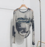 Real Shooting New Long-Sleeved Mesh Spliced Embroidered Denim Bottom T-Shirt Sun Folding Short Top