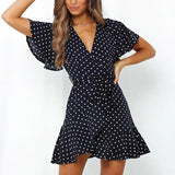 2021 Summer Boho Printed Mini Dress Women V Neck Holiday Beach Dresses A Line Short Sleeve Ruffle Wrap Dress