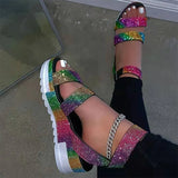 Women's Bling Glitter Sandals Female Ankle Buckle Flat Platform Ladies Non Slip Outdoor Shoes Woman Beach Footwear Big