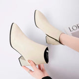 New Fashion Leather Ankle Boots Women Thick High Heels Zipper Pointed Toe Autumn Winter Woman Shoes Square Heel White